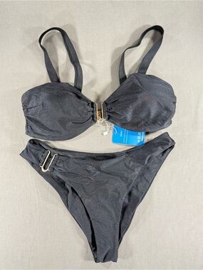 Black Bikini Two-Piece Swim Set with Gold Accent Size L